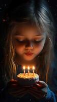 Small girl celebrates birthday with wish while blowing out candles on a cupcake in a dimly lit environment photo