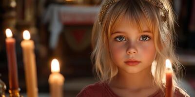 Young girl with enchanting gaze surrounded by candles in a softly lit setting, creating a magical atmosphere photo
