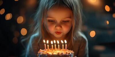 Young girl making a wish while blowing out candles on a birthday cake during a cozy celebration in the evening photo