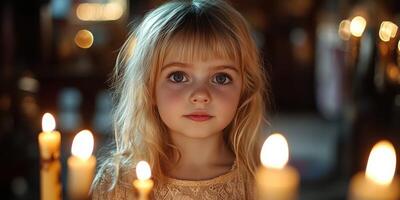 Young child gazes thoughtfully amid flickering candlelight in a softly lit room during the evening photo