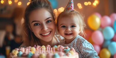 Joyful celebration of a child's birthday with cake, balloons, and laughter in a cozy indoor setting photo