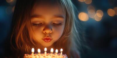 Little girl blowing out birthday candles on a celebratory cake in a cozy atmosphere filled with warm lights photo