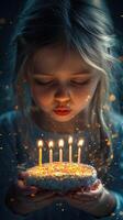Child celebrating birthday with cake adorned with candles in a dimly lit setting creating a magical atmosphere photo