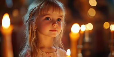 Young girl gazes in wonder at flickering candles during a serene evening moment photo
