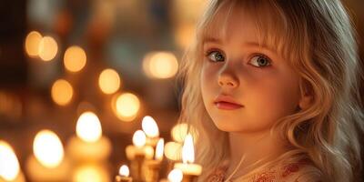 Soft candlelight illuminates young girl with long hair in a warm, cozy setting during evening hours photo