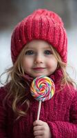 Young girl in a red winter hat smiles while holding a colorful lollipop outdoors in a snowy setting photo