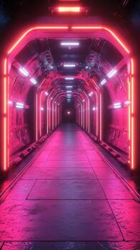 Vibrant neon-lit corridor creating a futuristic atmosphere in a dimly lit space photo