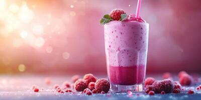 Refreshing raspberry smoothie topped with mint leaves and berries in a vibrant setting photo