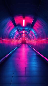 Brightly lit tunnel with vibrant pink and blue lights creates an intriguing atmosphere for exploration photo