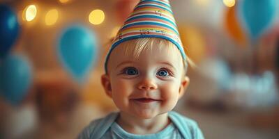 Smiling baby wearing a party hat celebrates at a colorful birthday gathering with balloons and decorations photo