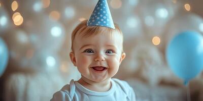 Happy baby celebrating birthday with joy and excitement in a decorated room filled with balloons and lights photo