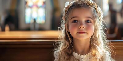 Young girl with curly hair and floral crown inside a church during a special ceremony in the morning light photo