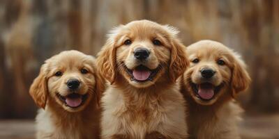 Three playful golden retriever puppies sitting close together with joyful expressions in a cozy setting photo