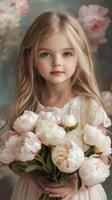 Young girl holding a bouquet of peonies in a soft, dreamy floral setting with pastel background photo