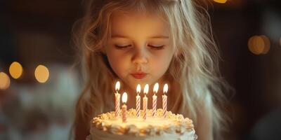 Young girl prepares to blow out candles on a beautiful birthday cake in a cozy indoor setting surrounded by warm lights photo