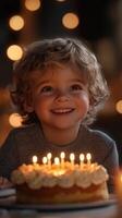 Joyful child celebrating birthday with candles glowing on cake in festive atmosphere photo