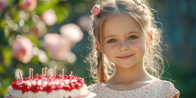 Smiling girl celebrating her birthday outdoors with a colorful cake decorated with candles surrounded by blooming flowers photo