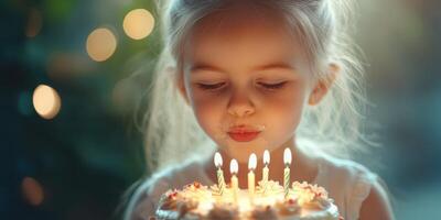 Little girl celebrates her birthday by blowing out candles on a beautiful cake surrounded by sparkling lights photo