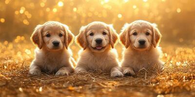 Three playful golden retriever puppies relaxing together on a sunlit day in a grassy field photo
