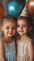 Happy children celebrating a birthday with colorful balloons in a warm indoor setting photo