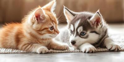Playful kitten and husky puppy share a moment of friendship indoors during a sunny day photo