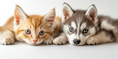 Two adorable pets playfully resting side by side with expressive eyes in a bright indoor setting photo