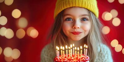 Young girl celebrating birthday with cake and candles in cozy indoor setting during evening photo