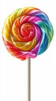 Colorful rainbow swirl lollipop sitting on a white background, showcasing vibrant colors and glossy finish photo