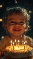 Happy child celebrating birthday with cake and candles in cozy atmosphere of joy and warmth photo