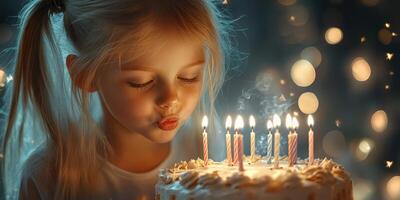 Young girl prepares to blow out birthday candles on a beautifully decorated cake at a joyful celebration in soft, twinkling light photo