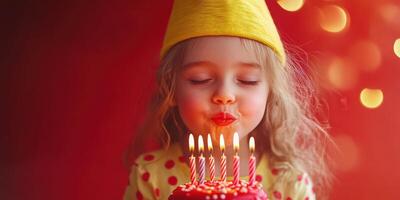 Young girl wearing a yellow party hat blows out candles on a colorful birthday cake in a festive setting photo