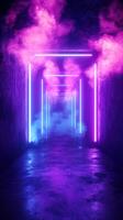 Vibrant neon corridor illuminated by purple and blue lights with mist in a dimly lit space photo