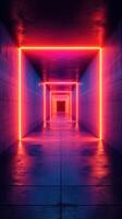 Bright neon tunnel with vibrant glowing lights and reflective floor creating an immersive corridor experience photo
