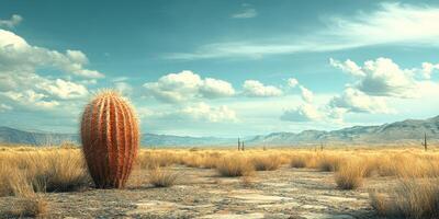 Solitary cactus stands in a vast desert landscape under a bright sky filled with fluffy clouds during the afternoon photo