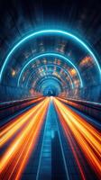 Vibrant light trails illuminate an underground tunnel at night, creating a stunning visual experience photo
