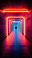 Colorful neon light tunnel in an urban setting at night showcasing vibrant illumination and modern architecture photo