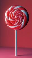 Colorful spiral lollipop in red and white against a vibrant pink backdrop photo