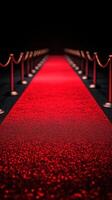 Elegant red carpet pathway leading to an exclusive event setting with glamorous ambiance in low lighting photo