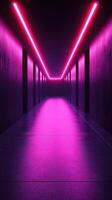 Vibrant neon pink hallway with sleek dark walls and modern lighting in a contemporary space photo