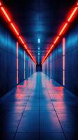 Bright neon lights illuminate a modern hallway with a futuristic design in a dark setting photo