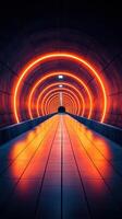 Bright neon tunnel creates a stunning visual effect with vibrant orange lights illuminating the pathway at night photo