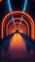 Bright neon lights illuminate an underground tunnel with vibrant colors and reflective tiles at night photo
