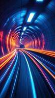 Colorful light trails swirl through a futuristic tunnel at breathtaking speed during nighttime photo