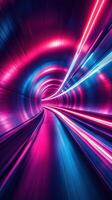 Vibrant neon tunnel with colorful lights creating a surreal sense of motion photo