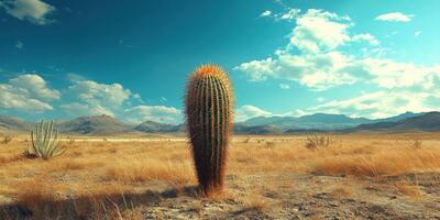 Tall cactus stands alone in a vast desert landscape under a bright blue sky with fluffy clouds photo
