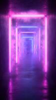 Vibrant neon lights illuminate a misty corridor in a futuristic setting at night photo