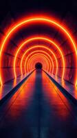 Vibrant neon tunnel illuminated by circular orange lights creates a captivating journey through the dark passageway photo