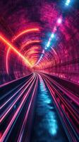 Vibrant neon lights illuminate underground tunnel during a nighttime train journey photo