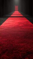 Elegant red carpet leading to an illuminated doorway in a darkened space during a prestigious event photo