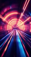 Colorful neon tunnel with light trails reflecting vibrant energy in a futuristic setting photo